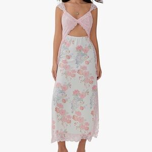 Floral Lace Trim Pink White Lace Open Back Slip Side Slit Dress